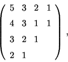 \begin{equation*}\left (\begin {array}{cccc} 5&3&2&1\\  \noalign{\medskip }4&3&1...
...\medskip }3&2&1\\  \noalign{\medskip }2&1\end {array} \right )\,,\end{equation*}